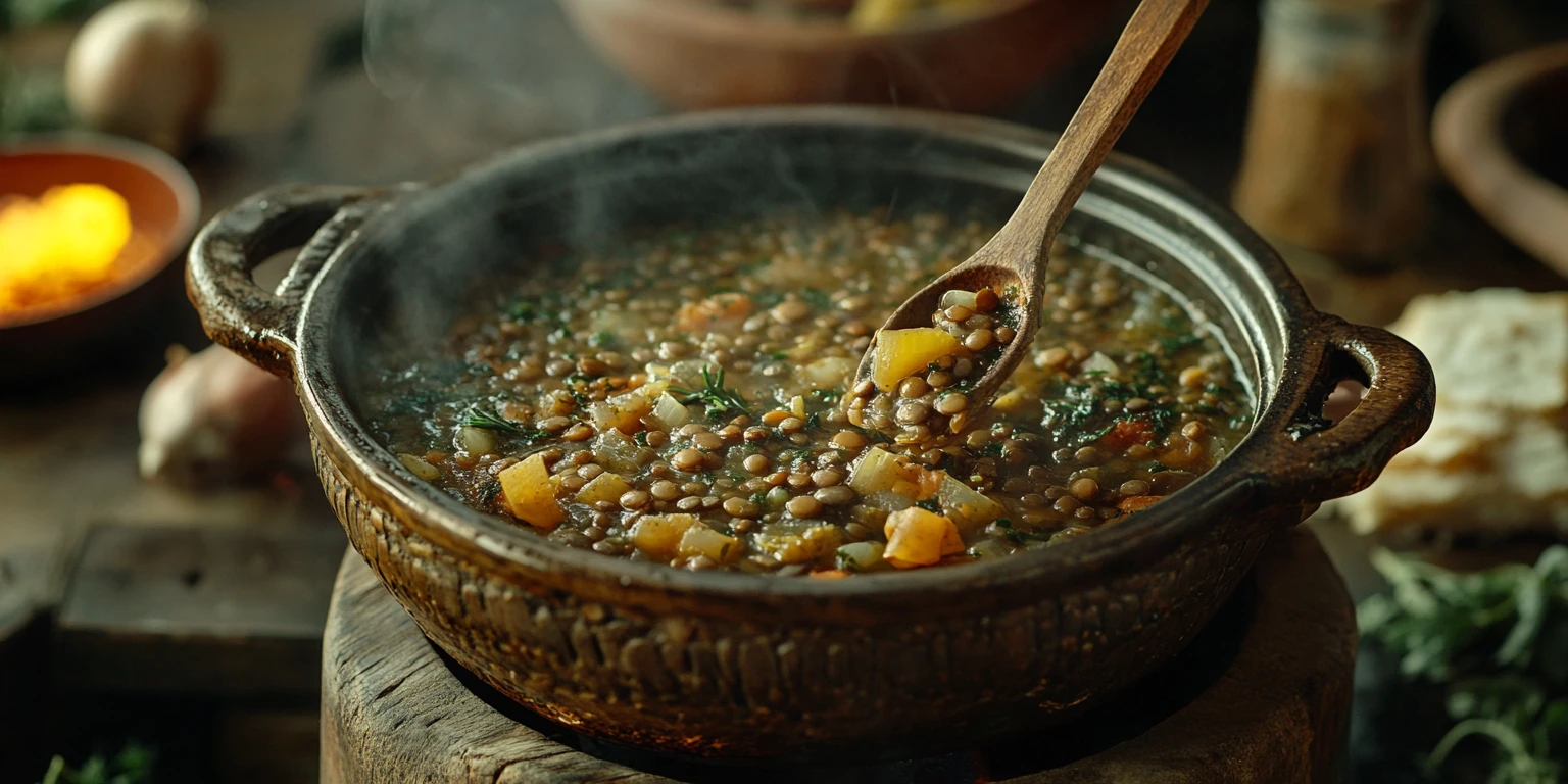 Linseneintopf mit gerebeltem Bohnenkraut aromatisch abgeschmeckt