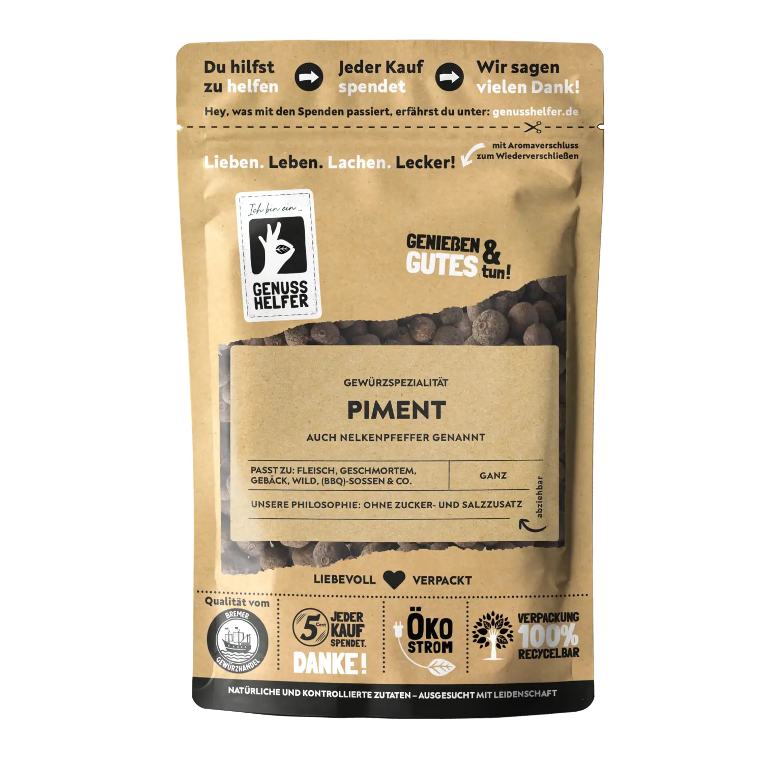 Piment, ganz Vorderansicht eines Beutels mit ganzem Piment