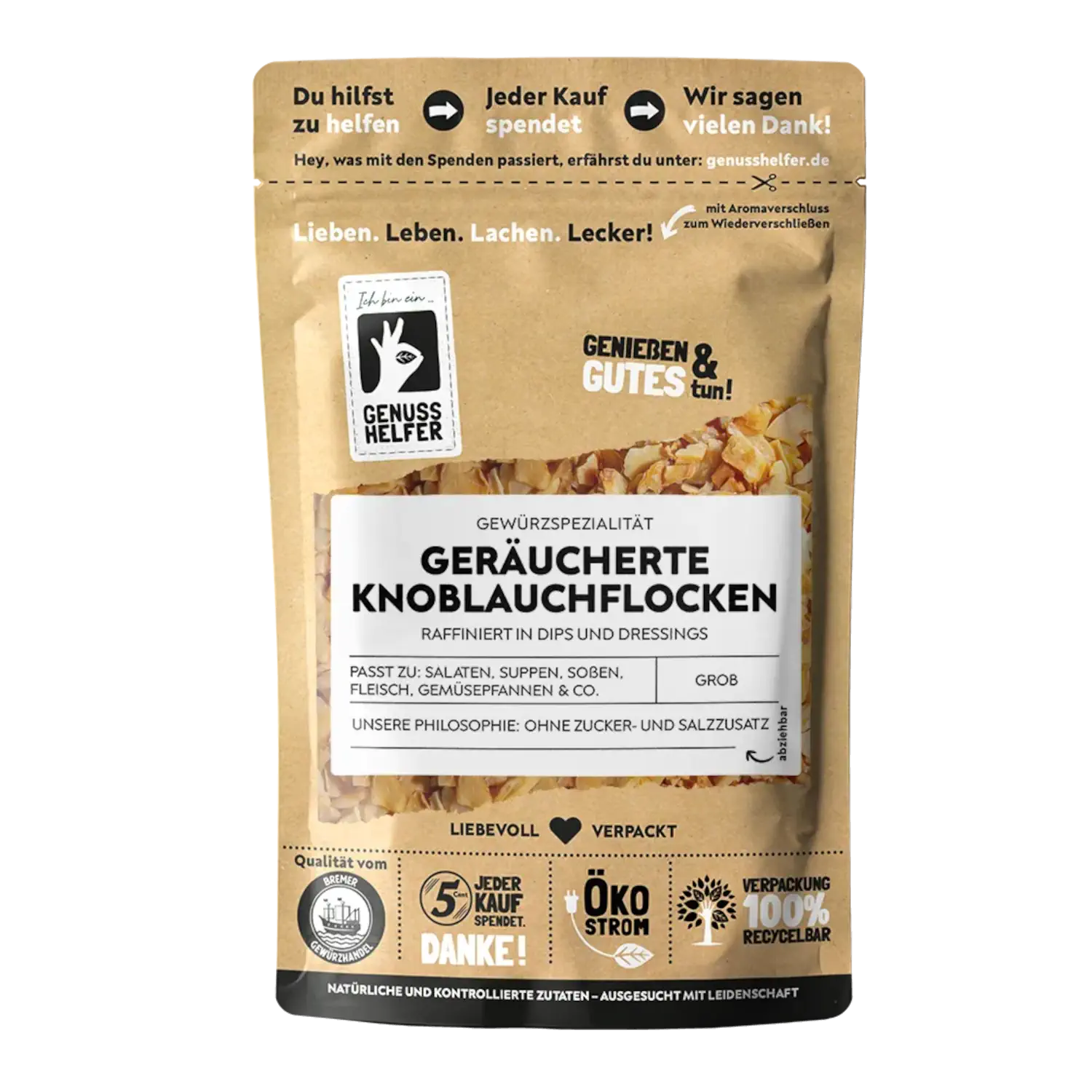 Knoblauchflocken, geräuchert Vorderansicht eines Beutels mit geräucherten Knoblauchflocken