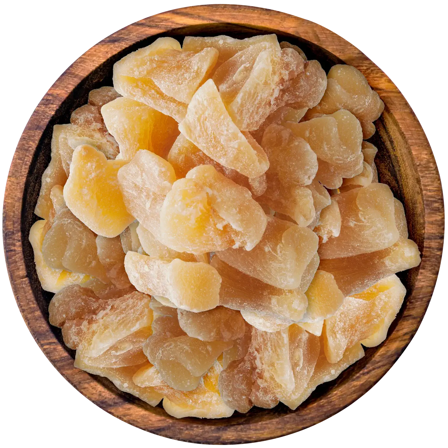 Scharfe Ingwerstücke mit Fructose in einer Holzschale