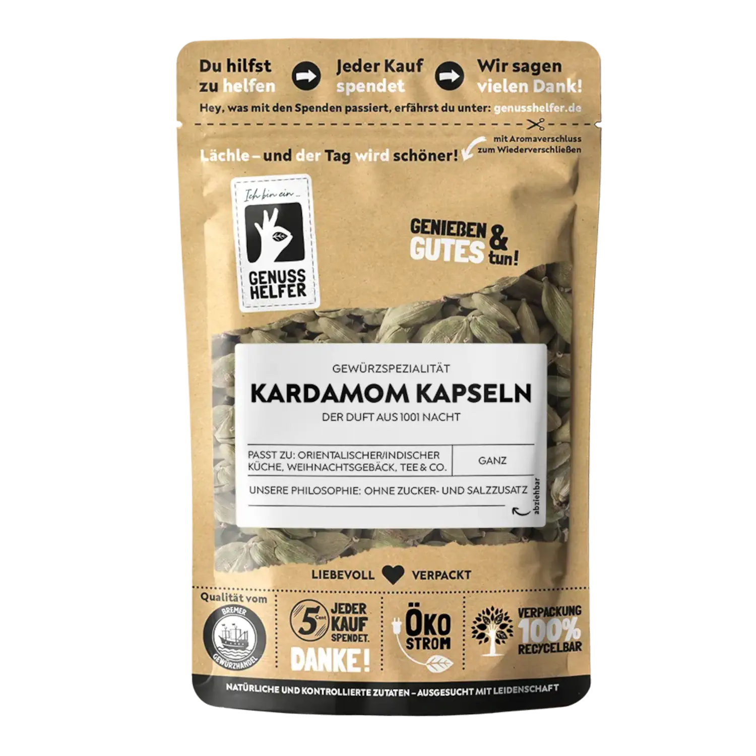 Kardamom, Kapseln Vorderansicht eines Beutels mit ganzen Kardamomkapseln