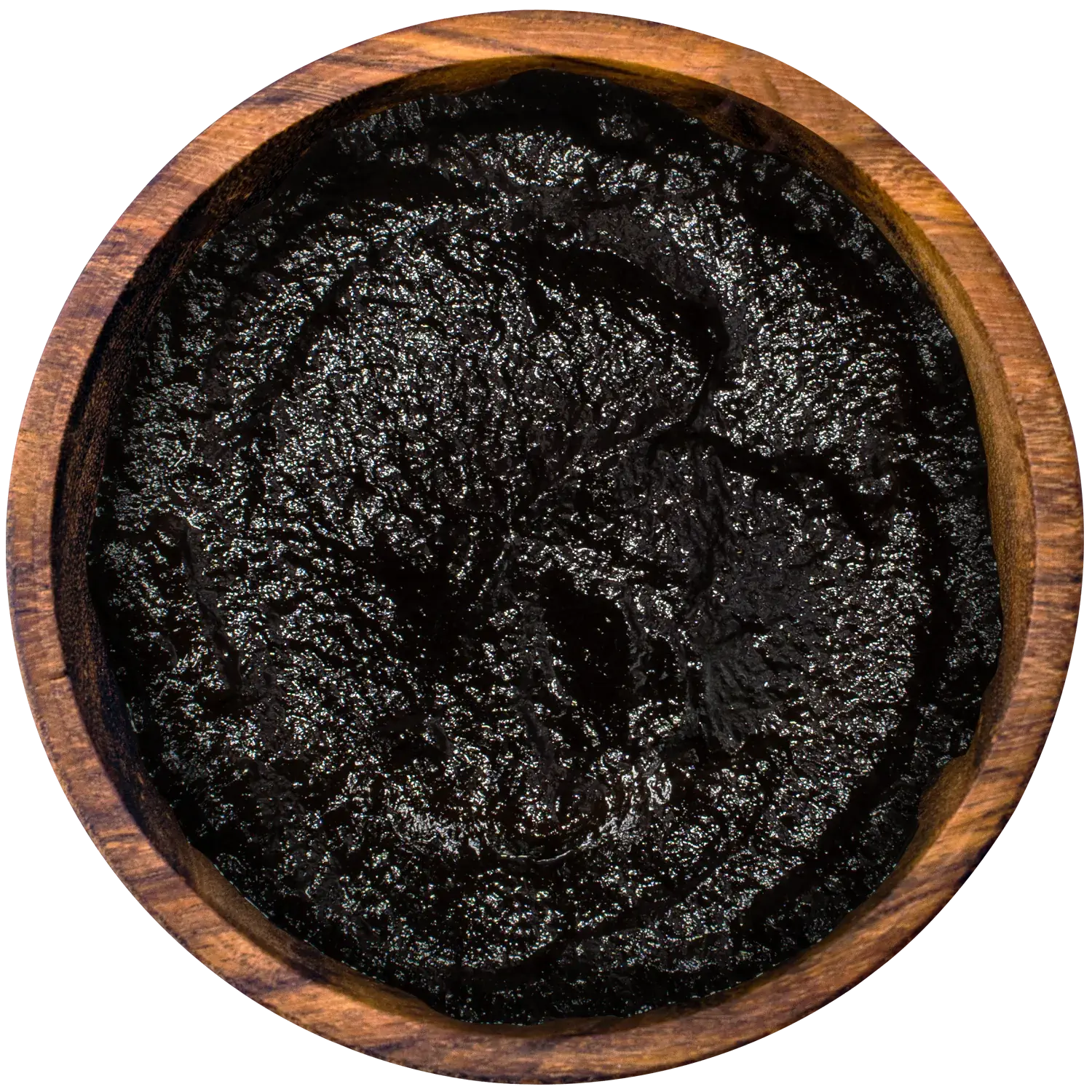 Schwarzer Knoblauch, BIO, fermentiert, als Paste Vorderansicht eines Glases mit fermentierter Bio Schwarzer Knoblauchpaste