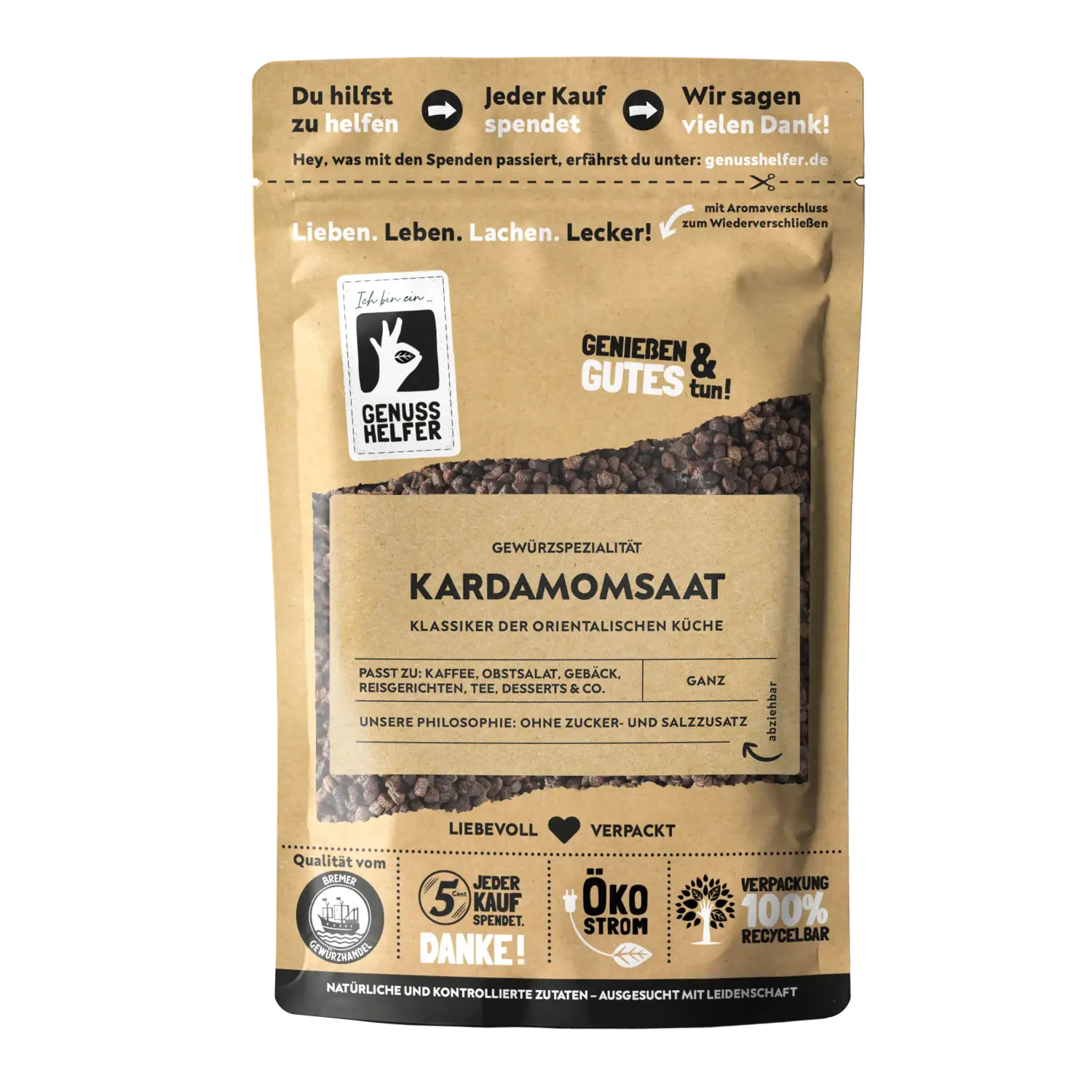 Kardamom, Saat Vorderansicht eines Beutels mit Kardamomsaat