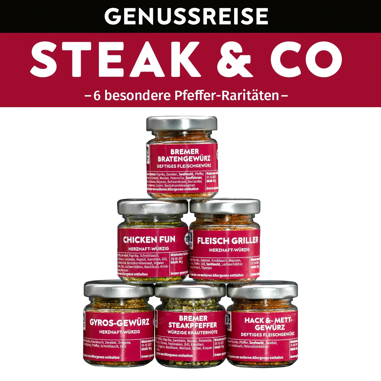 Genussreise Steak & Co., 6 Tlg. Zusammenstellung von Gläsern mit Gewürzen der Genussreise „Steak & Co.“