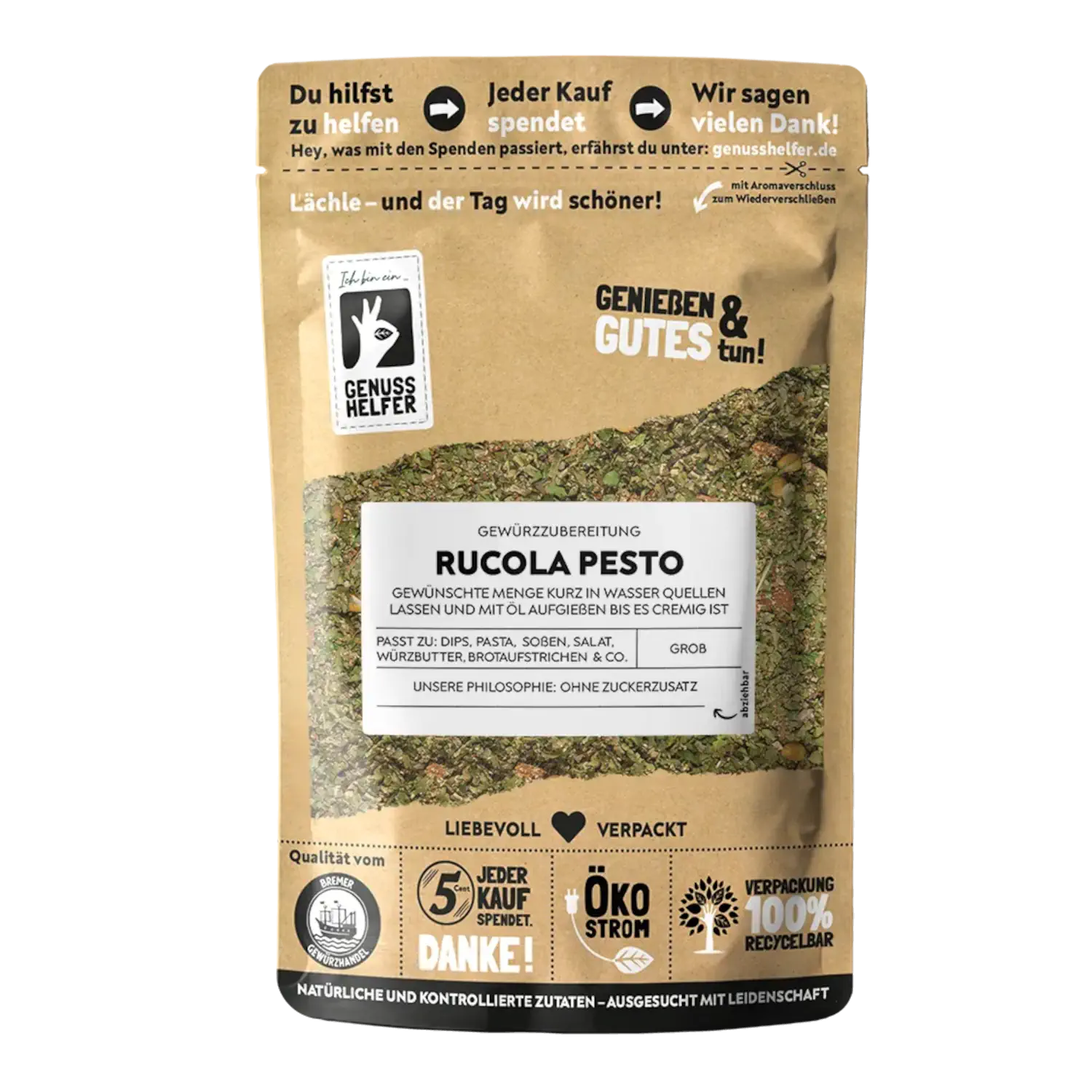 Rucola Pesto Gewürzmischung Vorderansicht eines Beutels mit Rucola-Pesto-Gewürzmischung