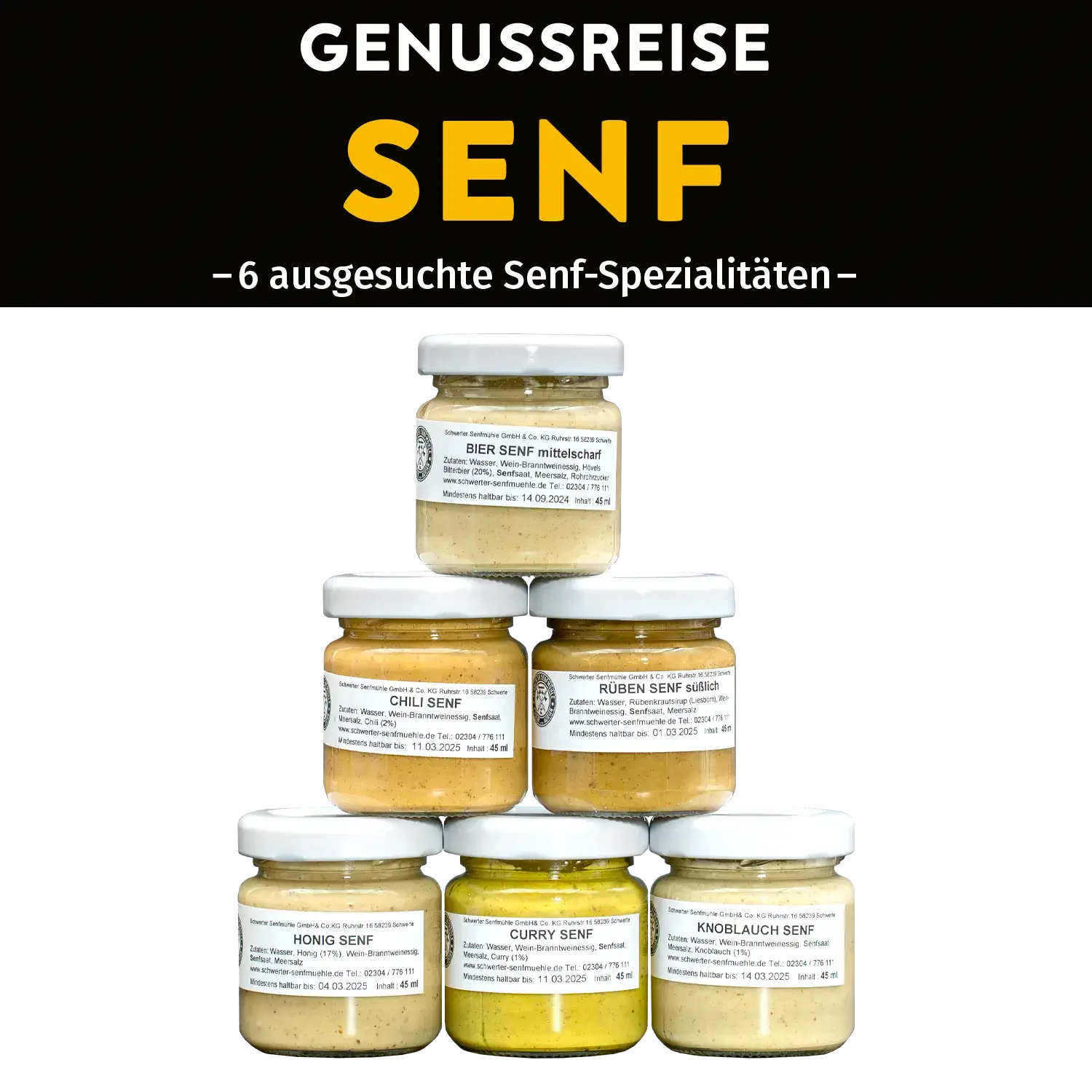 Genussreise Senfspezialitäten, 6 Tlg. Zusammenstellung der Gläser aus der Senf-Genussreise sowie der Kartonrolle