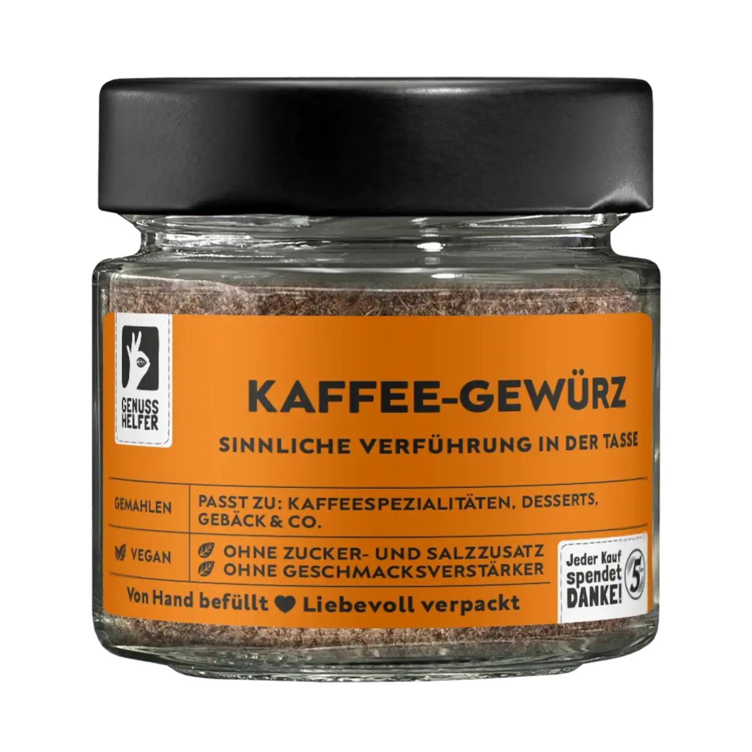 Kaffee-Gewürz, gemahlen, im Glas Vorderansicht eines Glases mit gemahlenem Kaffee-Gewürz
