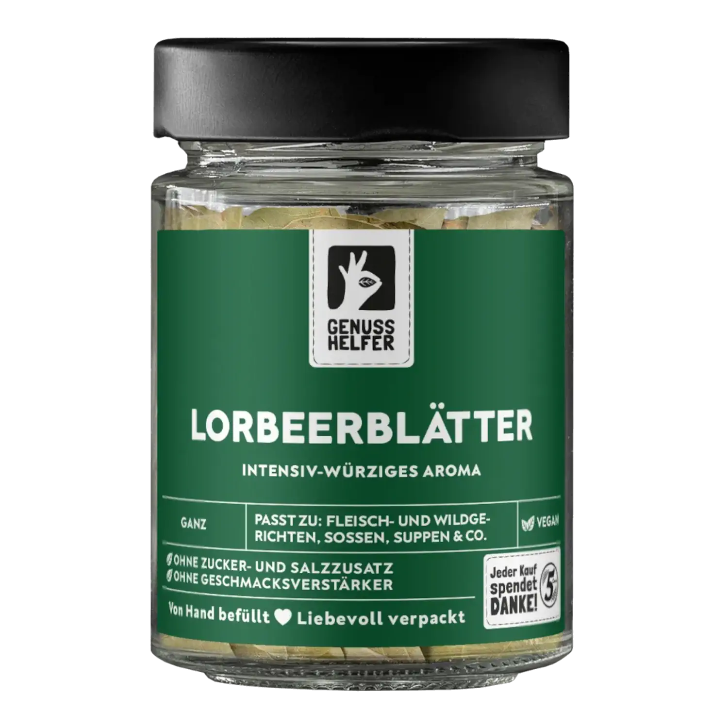 Vorderansicht eines Glases mit ganzen Lorbeerblättern