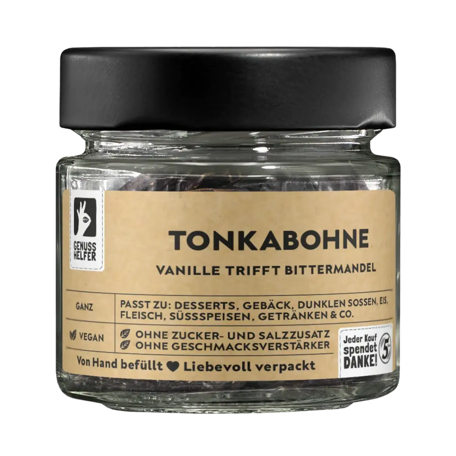Tonkabohnen, ganz, im Glas Vorderansicht eines Glases mit ganzen Tonkabohnen