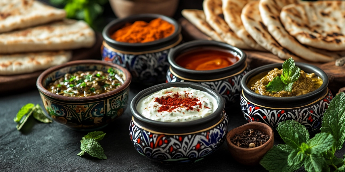 Orientalisches Pide mit Dips auf einem rustikalen Teller