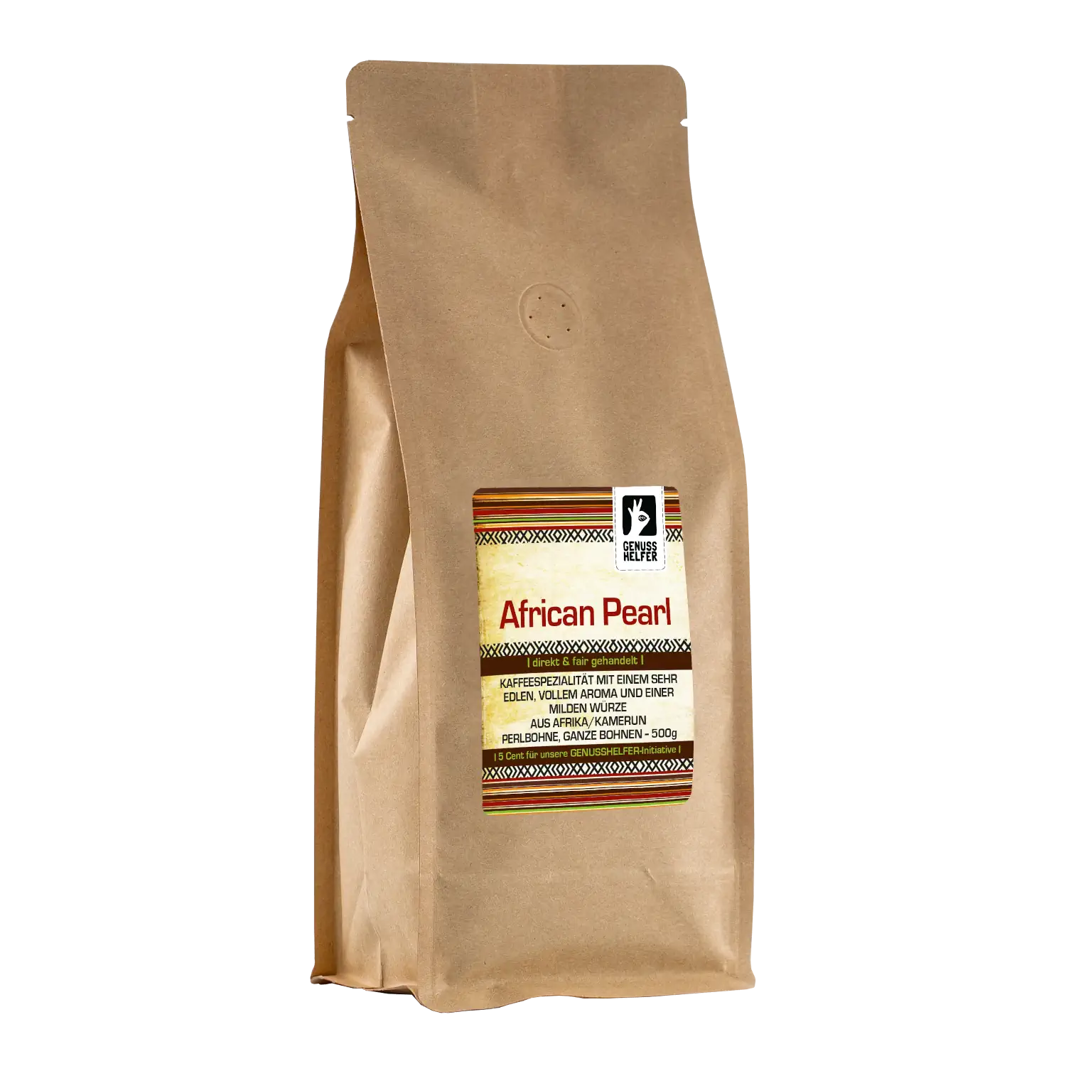 Vorderansicht eines 500-g-Beutels Kaffee „African Pearl“, ganze Bohnen