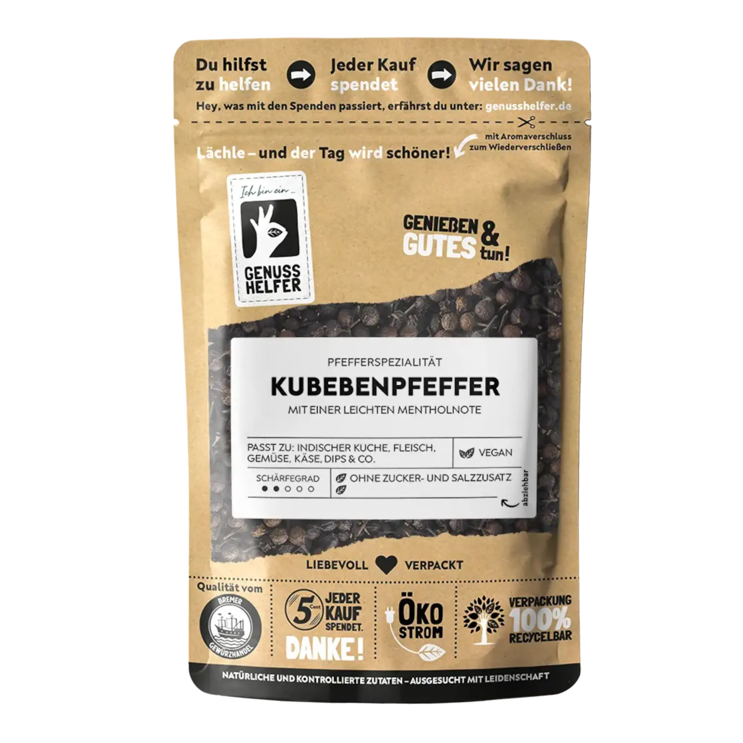 Kubeben Pfeffer, ganz Vorderansicht eines Beutels mit Kubebenpfeffer