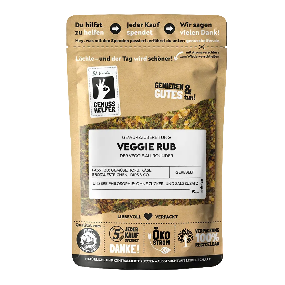 Veggie Rub Vorderansicht eines Beutels mit gerebeltem „Veggie Rub“