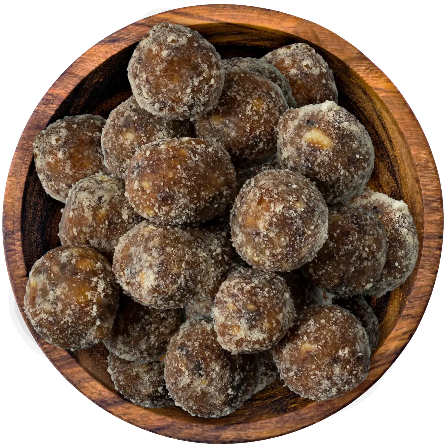 Trockenfruchtkugeln „Snegballs Ingwer-Cashew“ in einer Holzschale