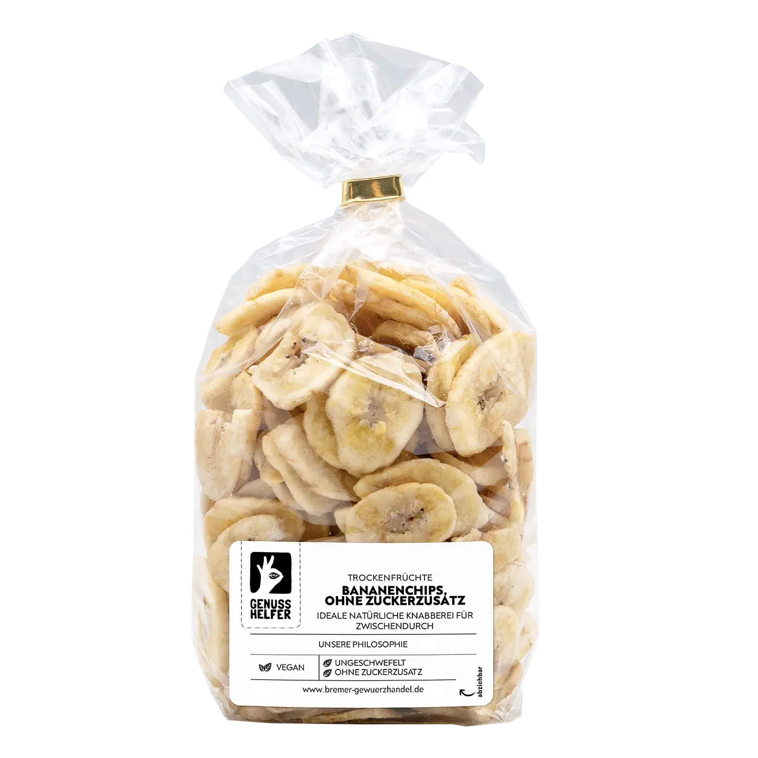 Bananenchips, ohne Zuckerzusatz Vorderansicht eines Beutels mit ungesüßten Bananenchips