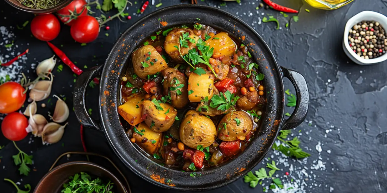 Arabischer Kürbis-One-Pot-Eintopf mit Anis serviert