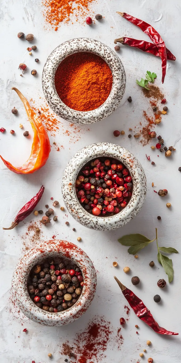 Scharfe Gewürze wie Pfeffer und Curry nebeneinander
