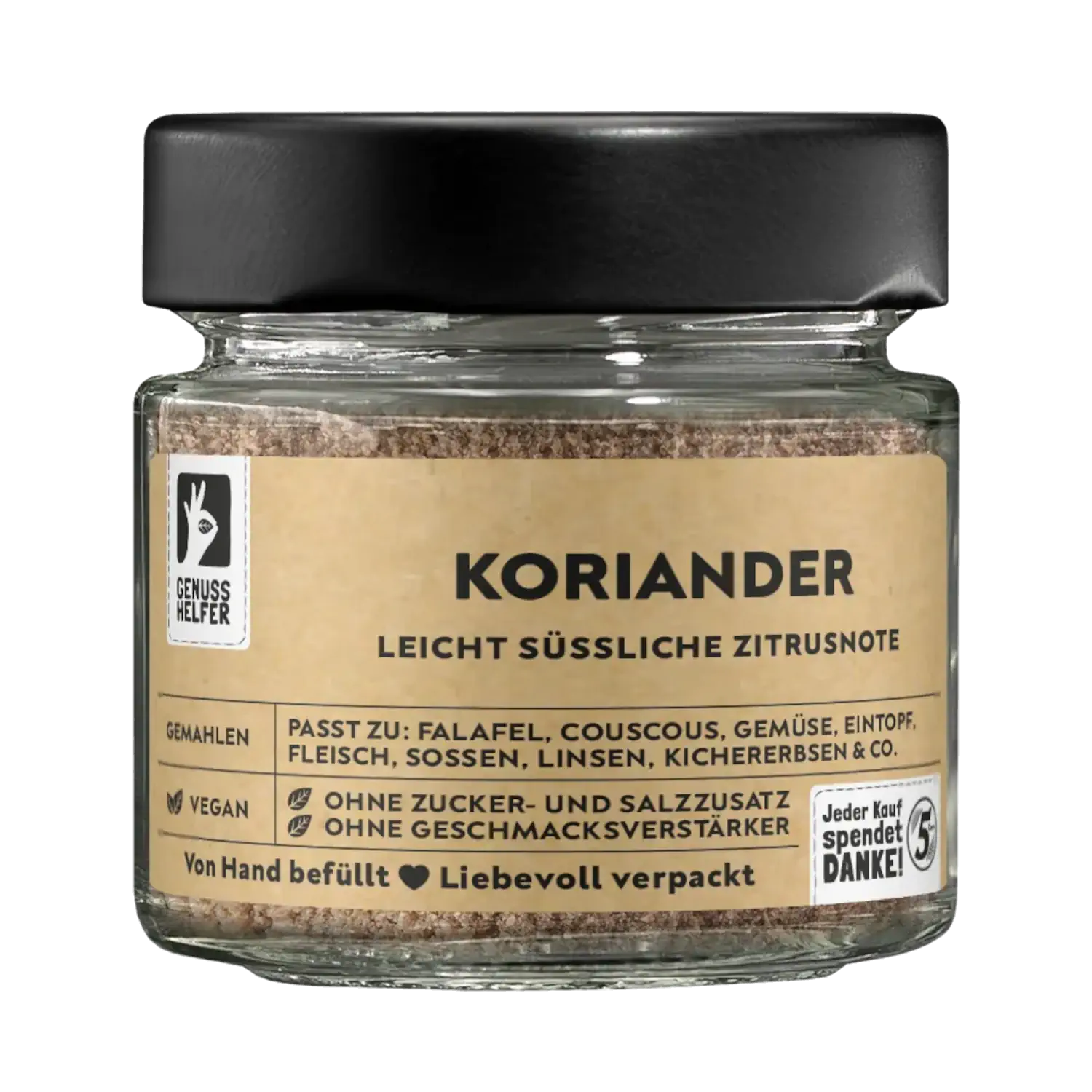 Koriander, gemahlen, im Glas Vorderansicht eines Glases mit gemahlenem Koriander