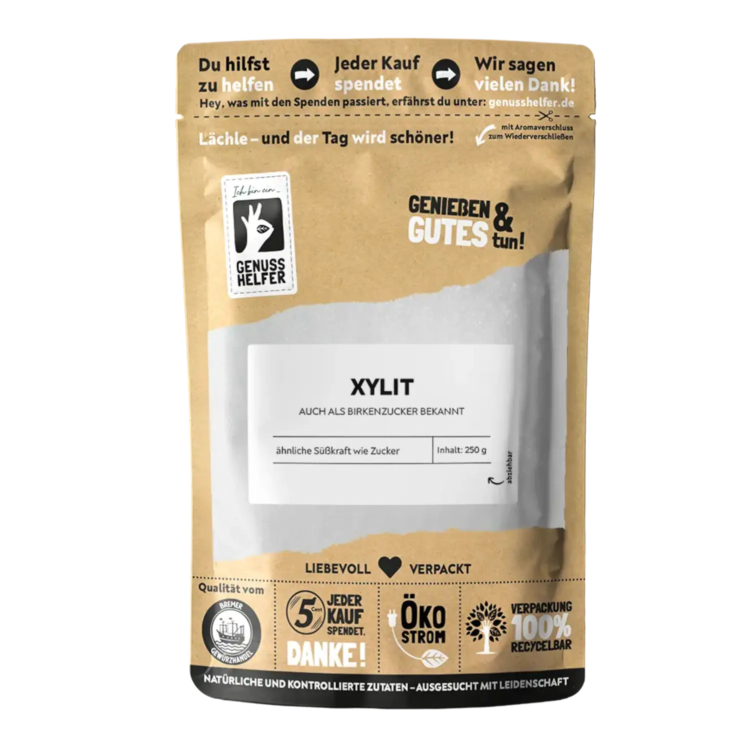 Xylit / Birkenzucker Vorderansicht eines Beutels mit Xylit (Birkenzucker)