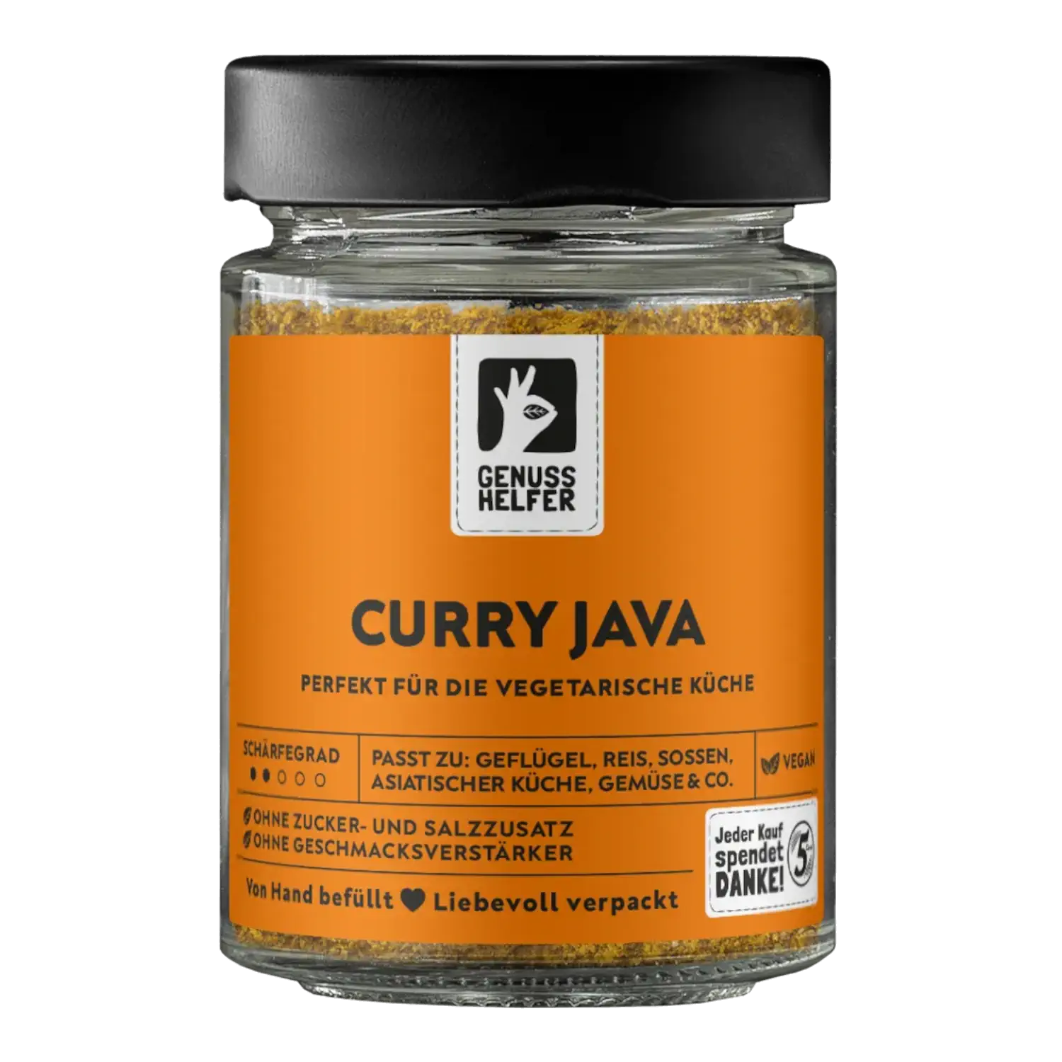 Java Curry, gemahlen, im Glas Vorderansicht eines Glases mit gemahlenem Java-Curry