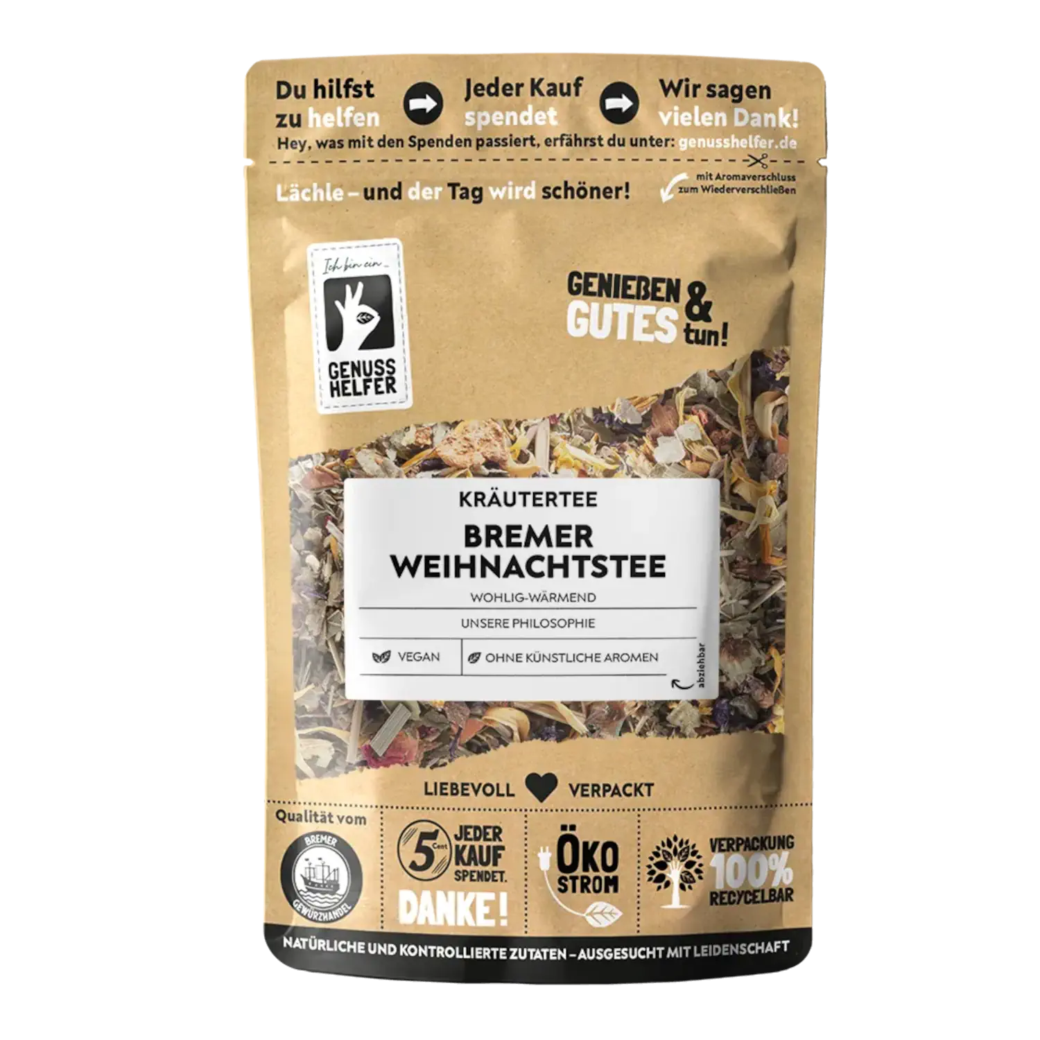 Bremer Weihnachtstee, Kräutertee Vorderansicht eines Beutels mit „Bremer Weihnachtstee“