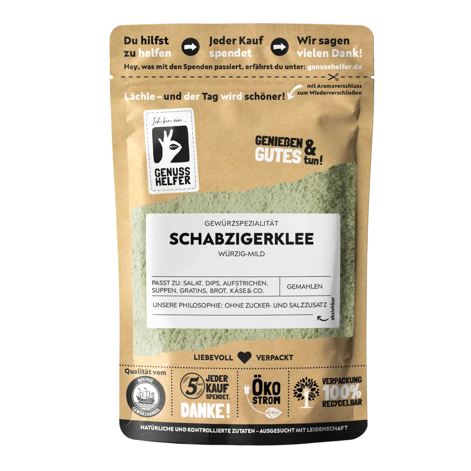 Schabzigerklee, gemahlen Vorderansicht eines Beutels mit gemahlenem Schabzigerklee