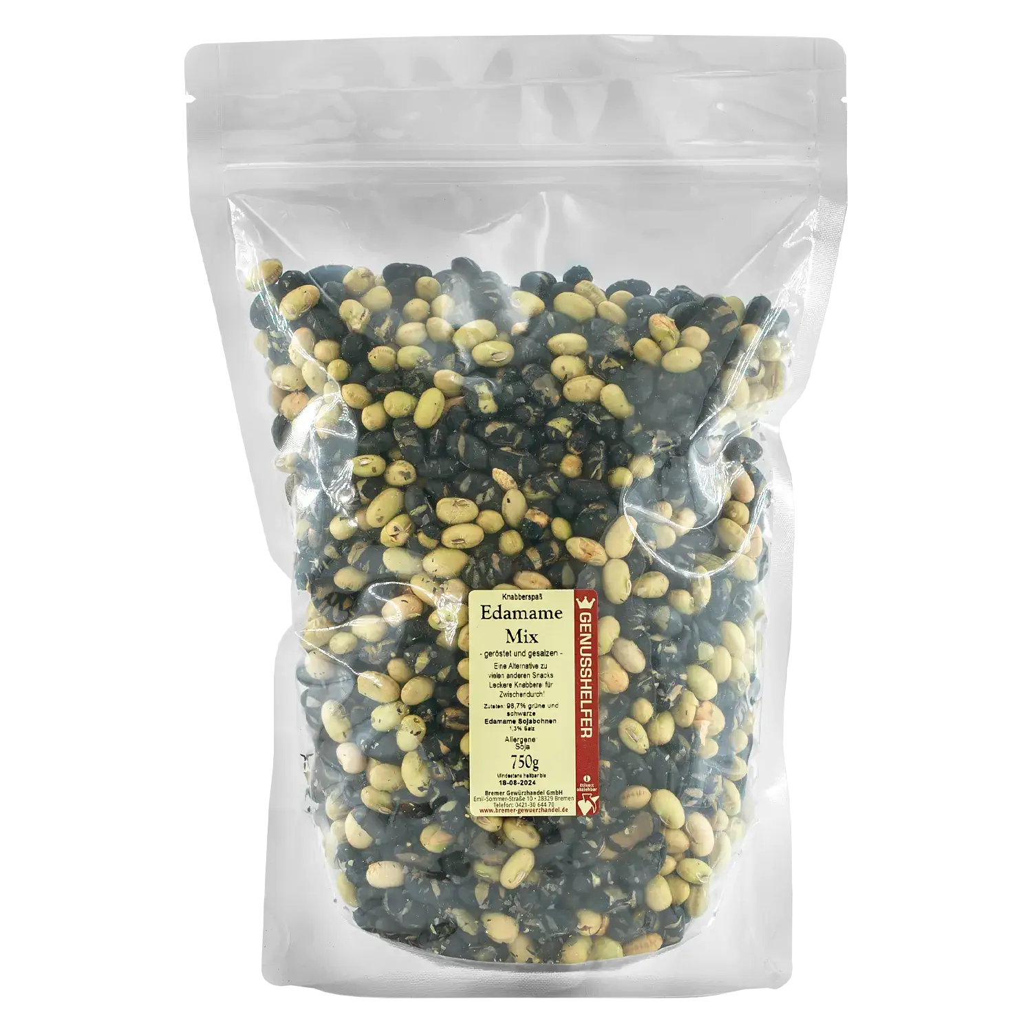 Vorderansicht eines großen Beutels mit Edamame-Mix