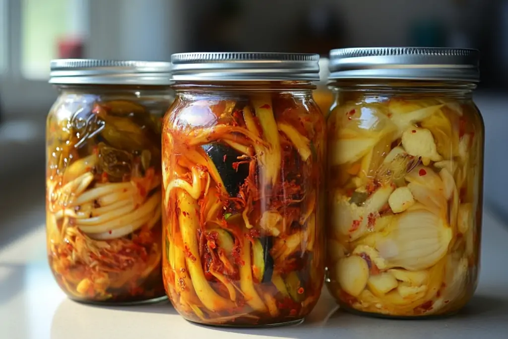 Kimchi, Zwiebeln und Sojasprossen in einem Glas fermentiert