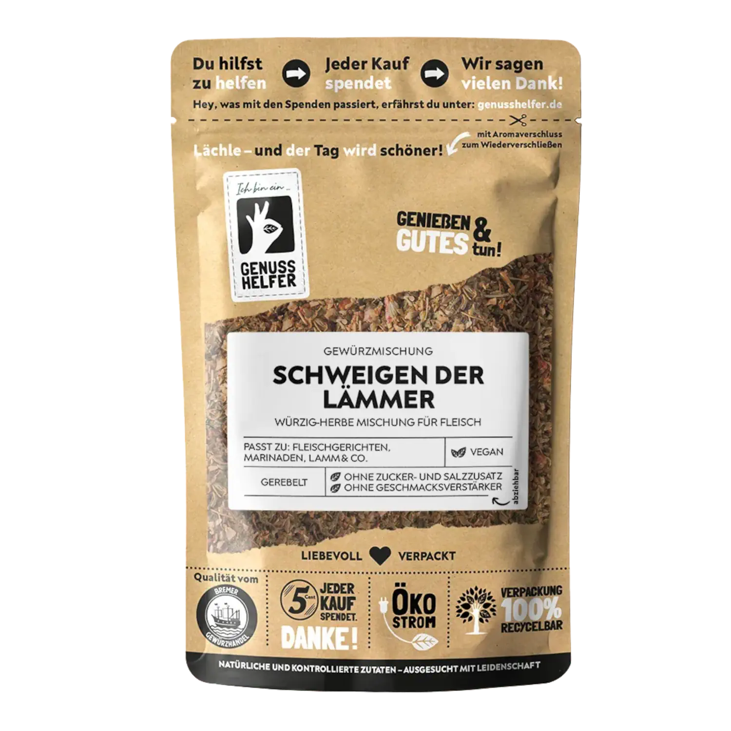 Schweigen der Lämmer, Grillen DaLuxe, Lamm-Grillgewürz, gerebelt Vorderansicht eines Beutels mit der Gewürzmischung „Schweigen der Lämmer“