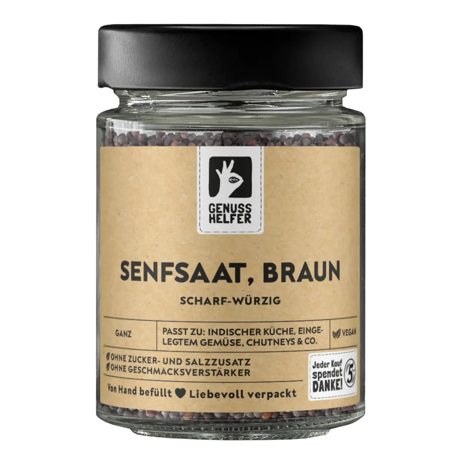 Vorderansicht eines Glases mit braunen Senfkörnern