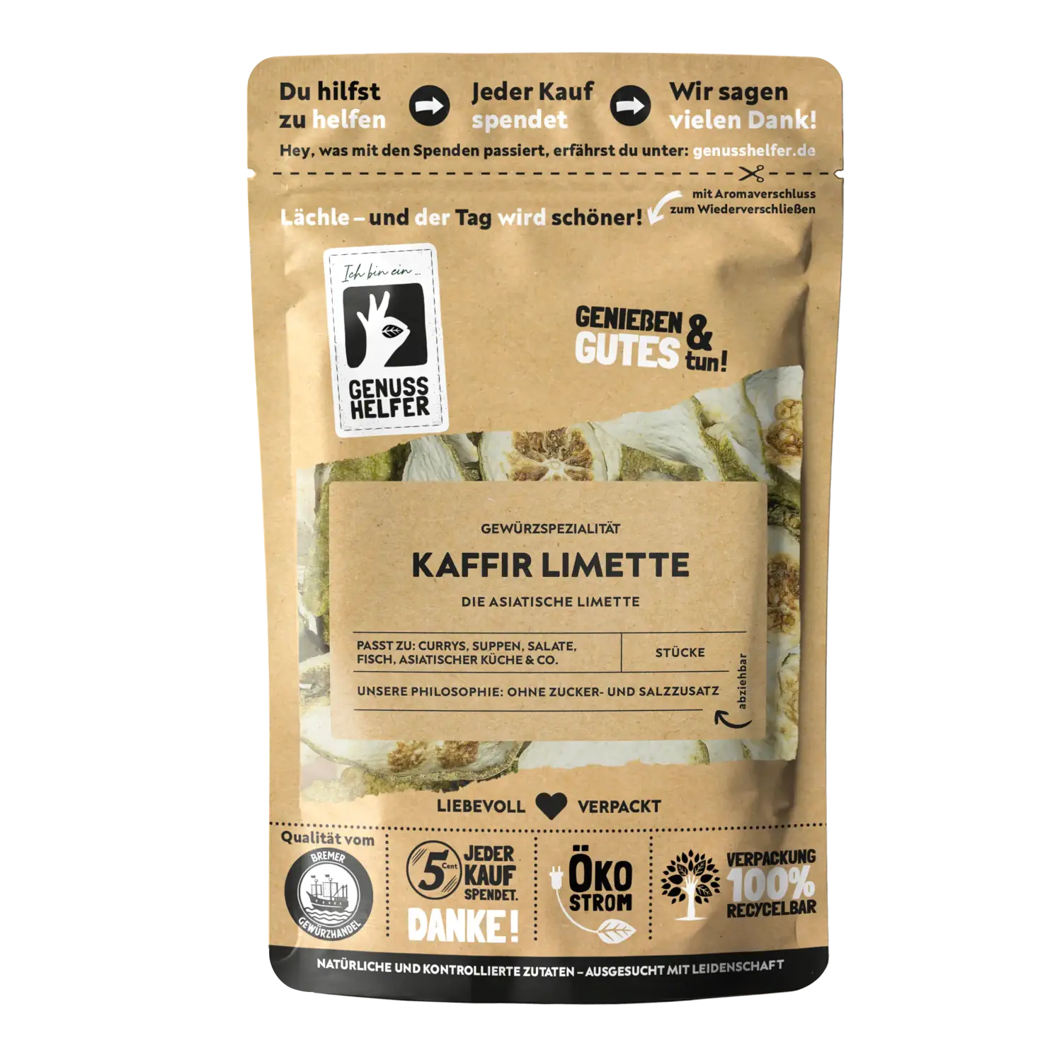Kaffirlimettenschale, Stücke Vorderansicht eines Beutels mit getrockneter Kaffir-Limette
