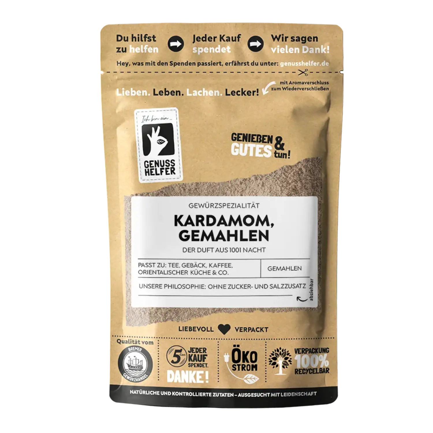 Kardamom, gemahlen Vorderansicht eines Beutels mit gemahlenem Kardamom