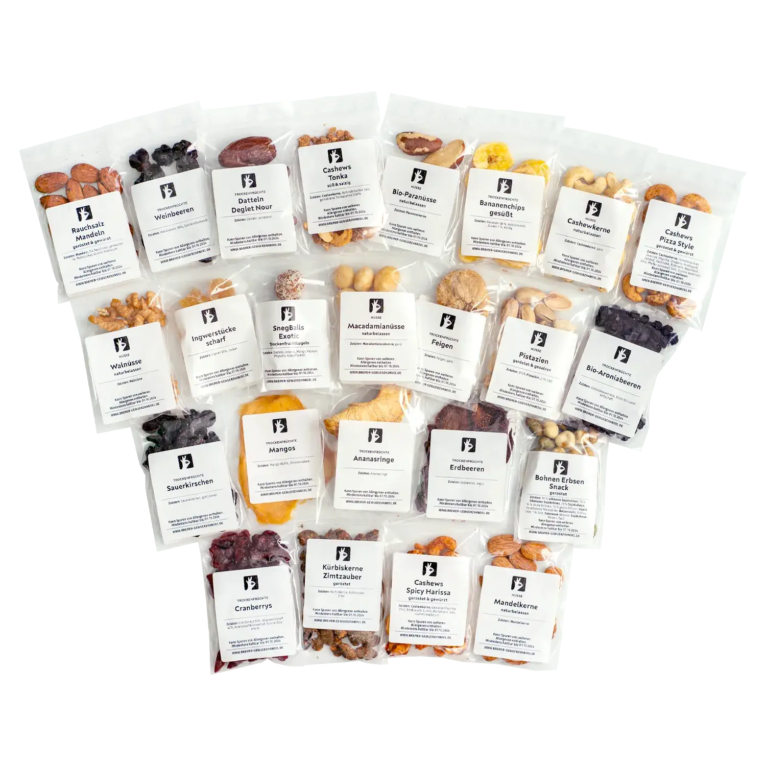 Adventskalender-Set Trockenfrüchte & Snacks, 24 Teile, zum Selbstbefüllen Set für einen selbst zu befüllenden Adventskalender mit Trockenfrüchten und Nüssen