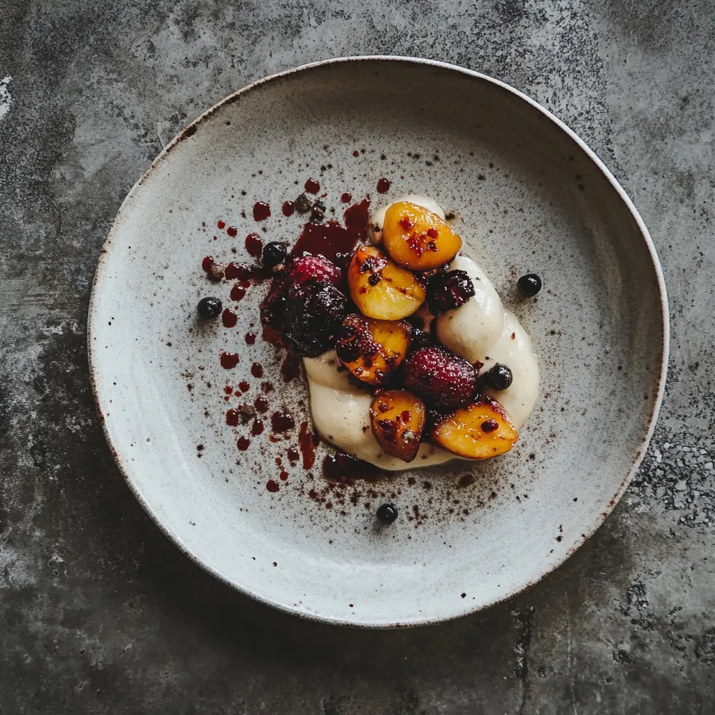 Dessert mit karamellisierten Zutaten auf einem Teller
