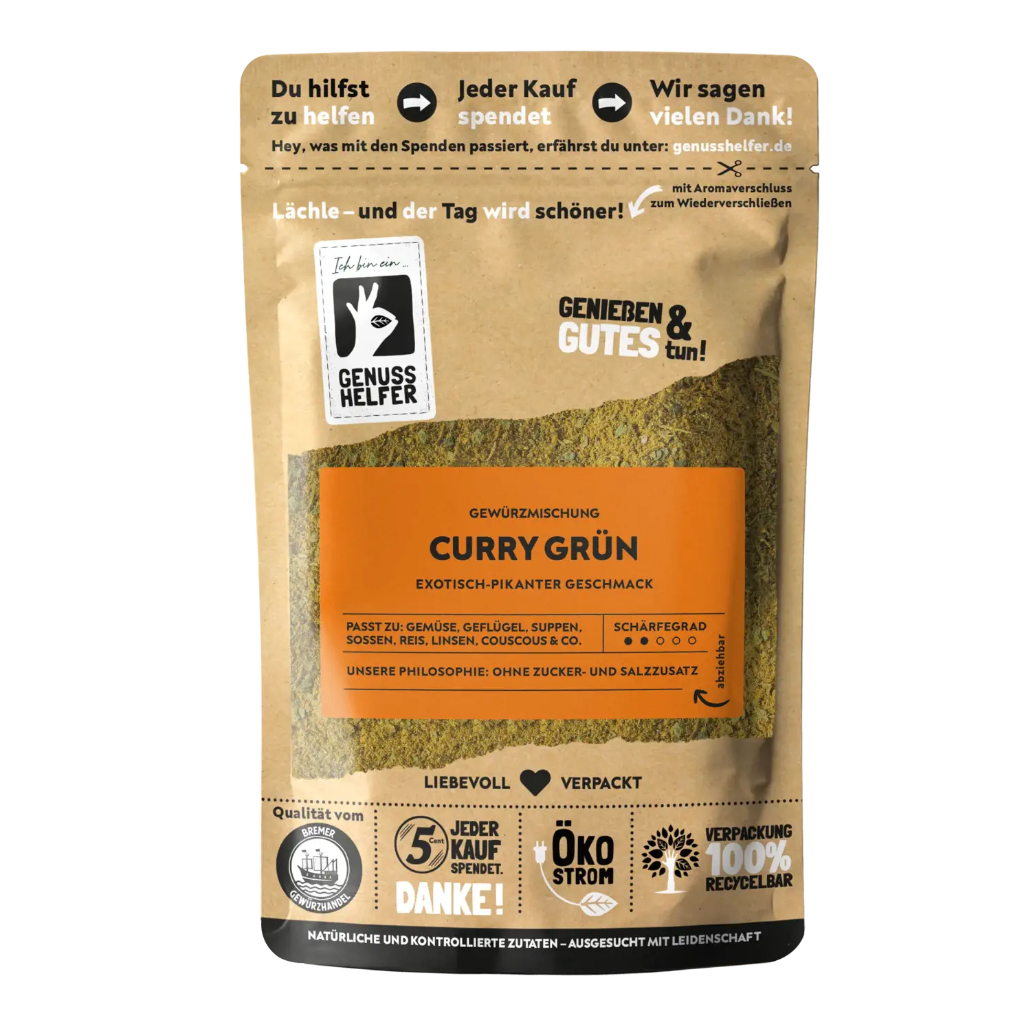 Grünes Curry, gemahlen Vorderansicht eines Beutels mit grünem Curry
