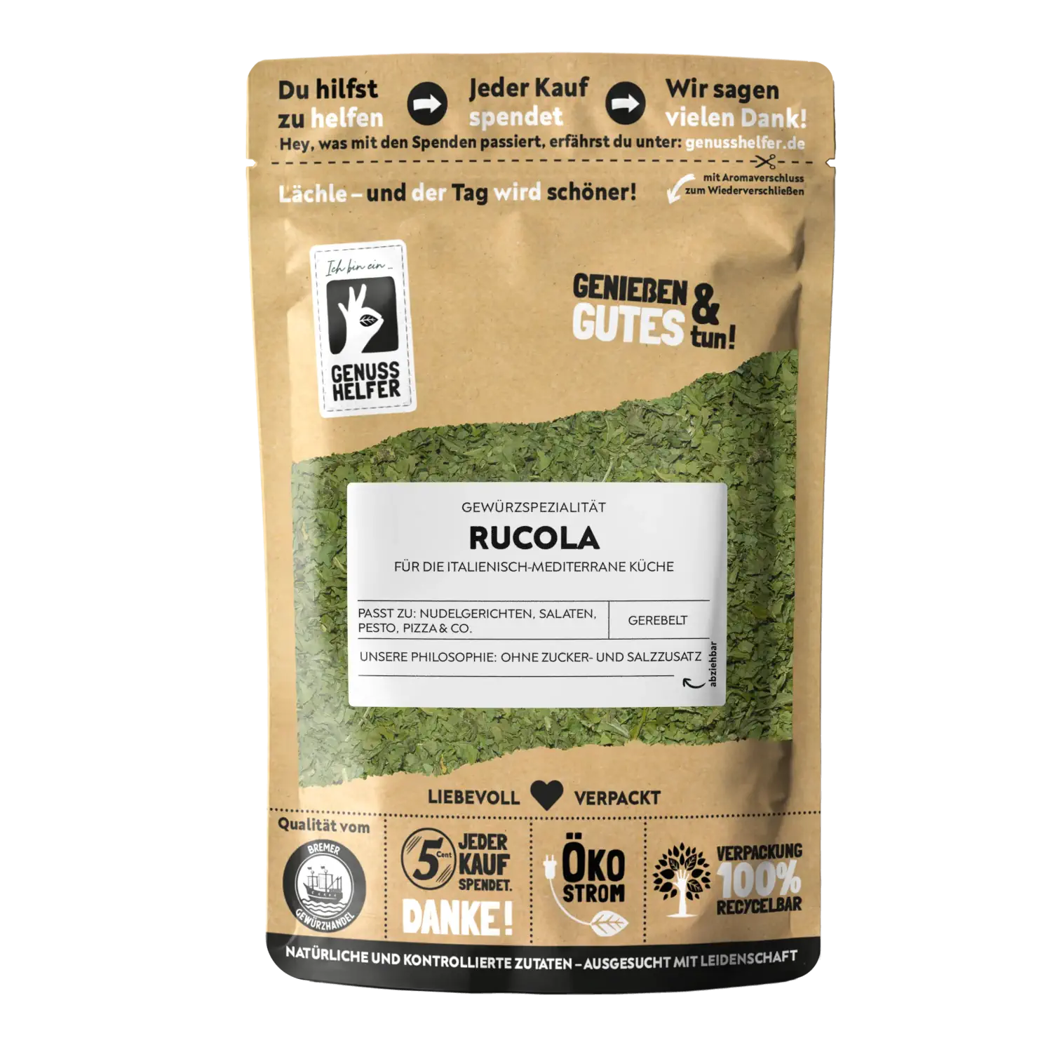 Vorderansicht eines Beutels mit gerebeltem Rucola