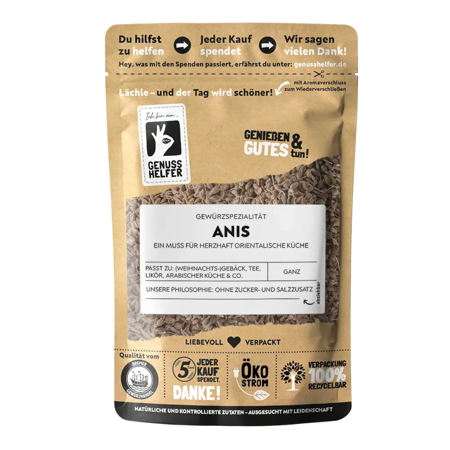 Anis, ganz Vorderansicht eines Beutels mit ganzem Anis
