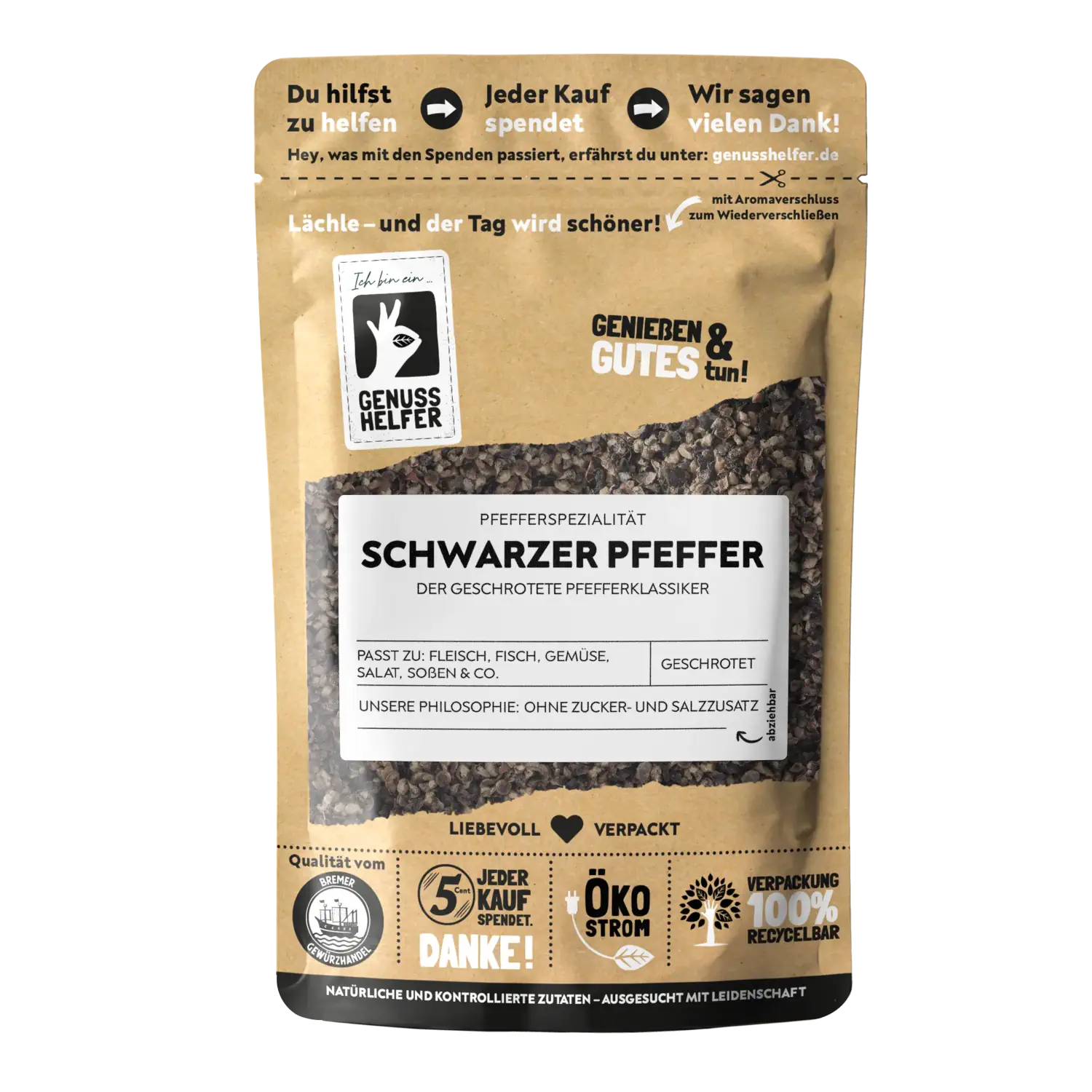 Pfeffer schwarz, geschrotet Vorderansicht eines Beutels mit geschrotetem schwarzem Pfeffer