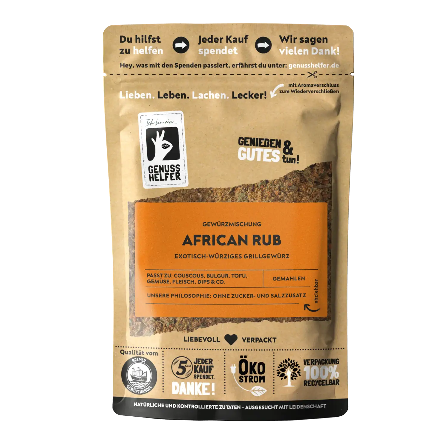 Vorderansicht eines Beutels mit African Rub Gewürzmischung