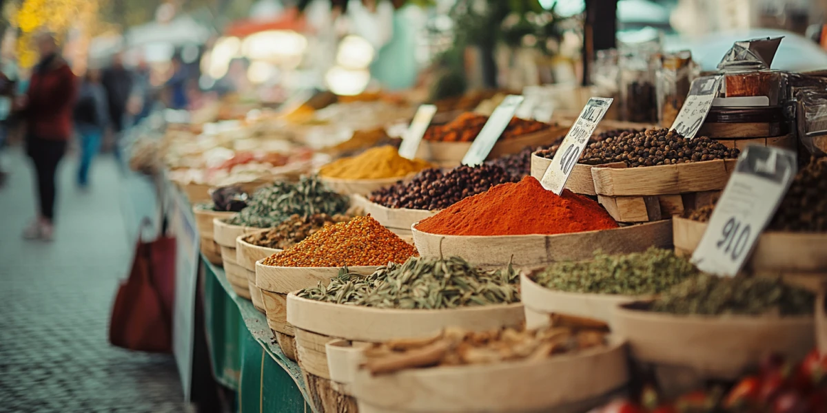 Marktstand mit Gewürzen in sommerlicher Atmosphäre
