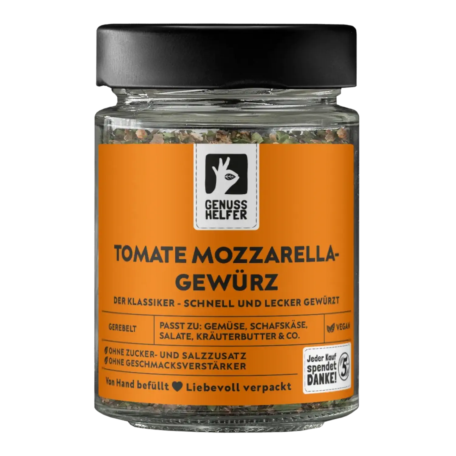 Vorderansicht eines Glases mit Gewürzmischung Tomate-Mozzarella (gerebelt)