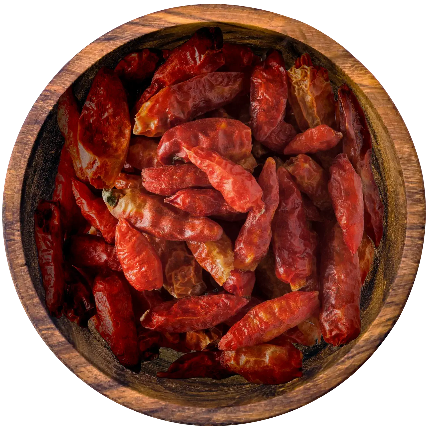 Bird’s Eye Chilis ganz in einer Holzschale