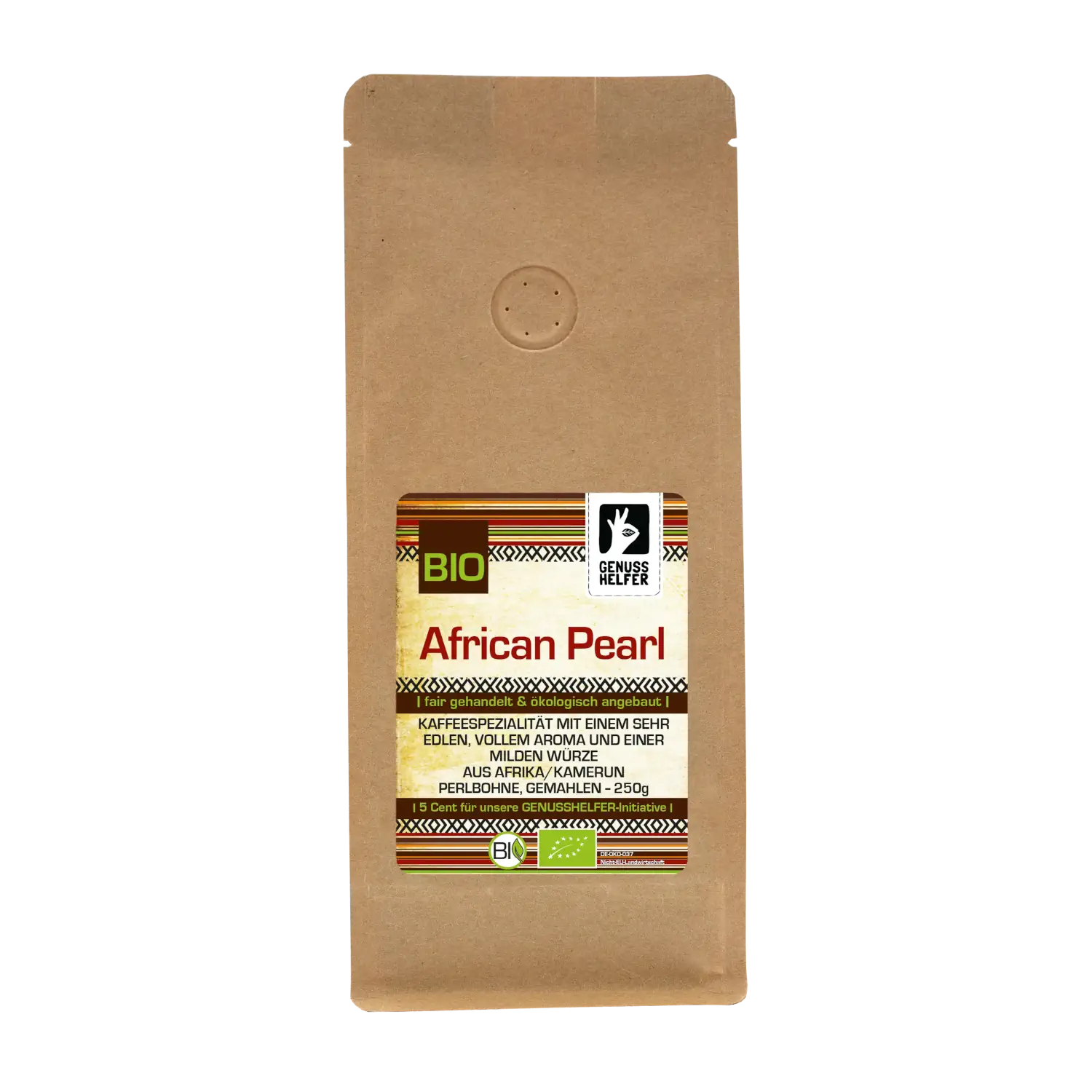 African Pearl Kaffee, BIO, gemahlen, 250g Detailansicht eines 250-g-Beutels mit African Pearl Bio Kaffee, gemahlen
