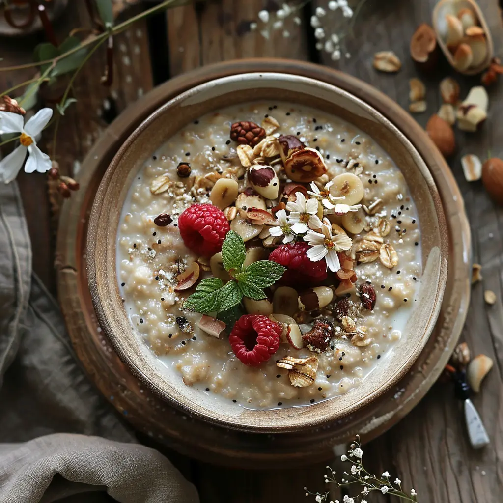 Oatmeal mit Müsli, Nüssen und verschiedenen Saaten