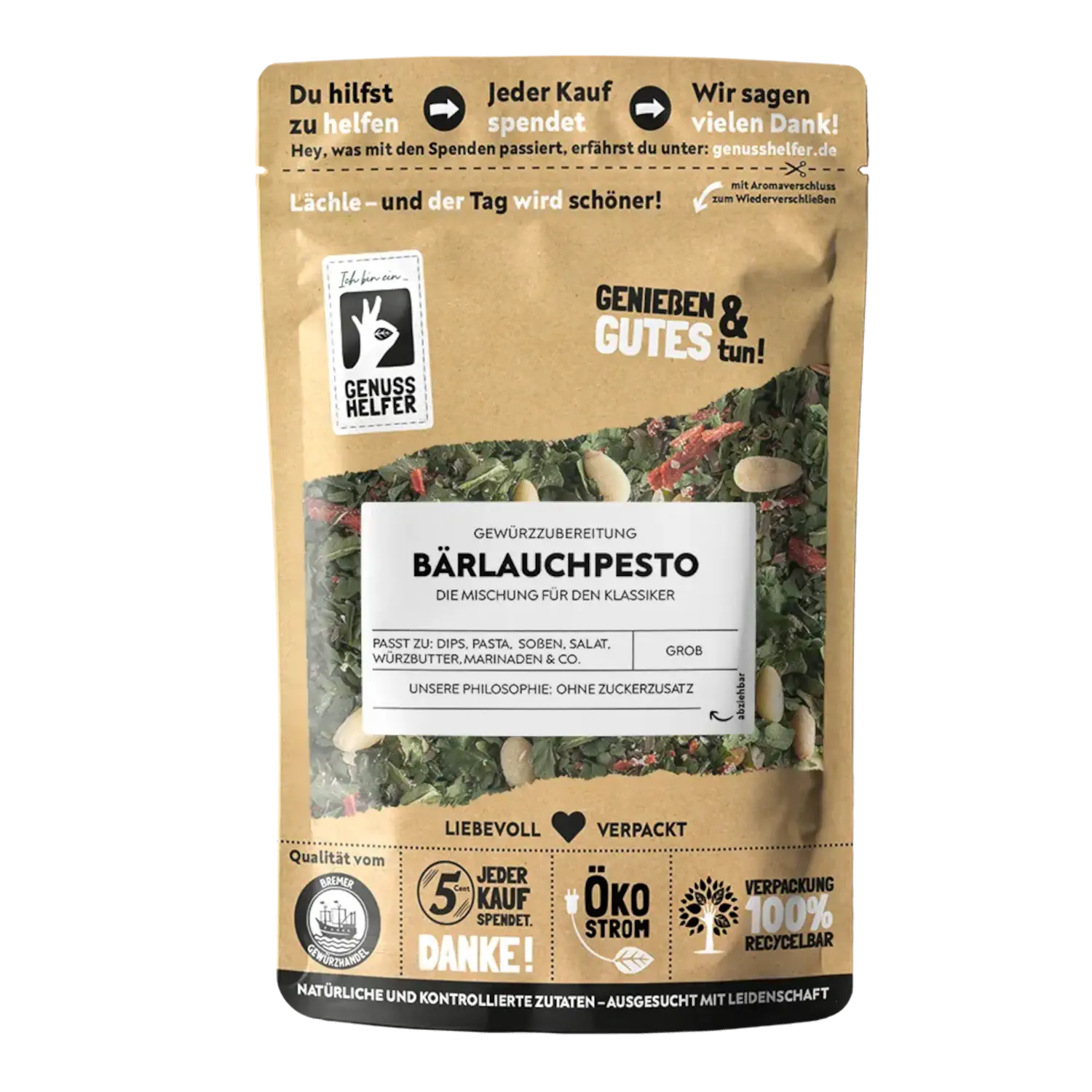 Bärlauchpesto Gewürzmischung Vorderansicht eines Beutels mit Bärlauchpesto-Gewürzmischung