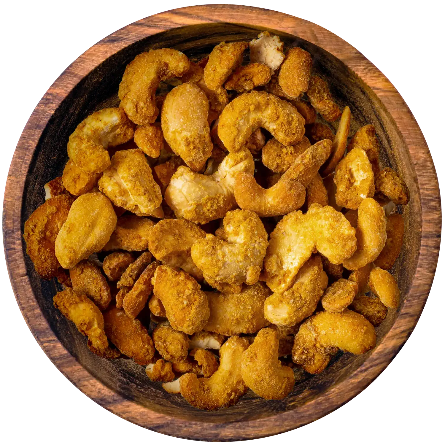 Cashewkerne „Curry süß-salzig“ in einer Holzschale