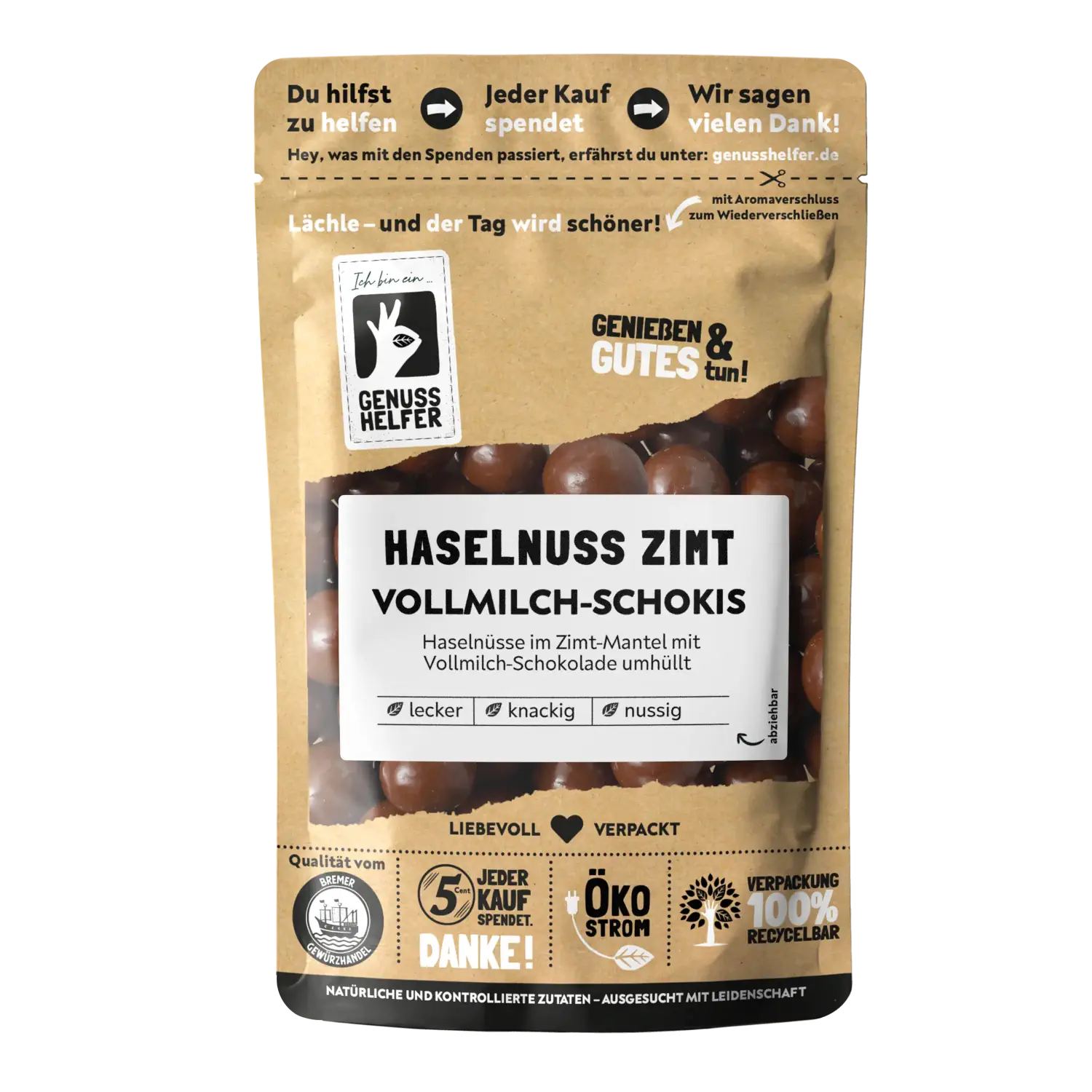 Vorderansicht eines Beutels mit Haselnuss-Zimt-Schokis in Vollmilchschokolade