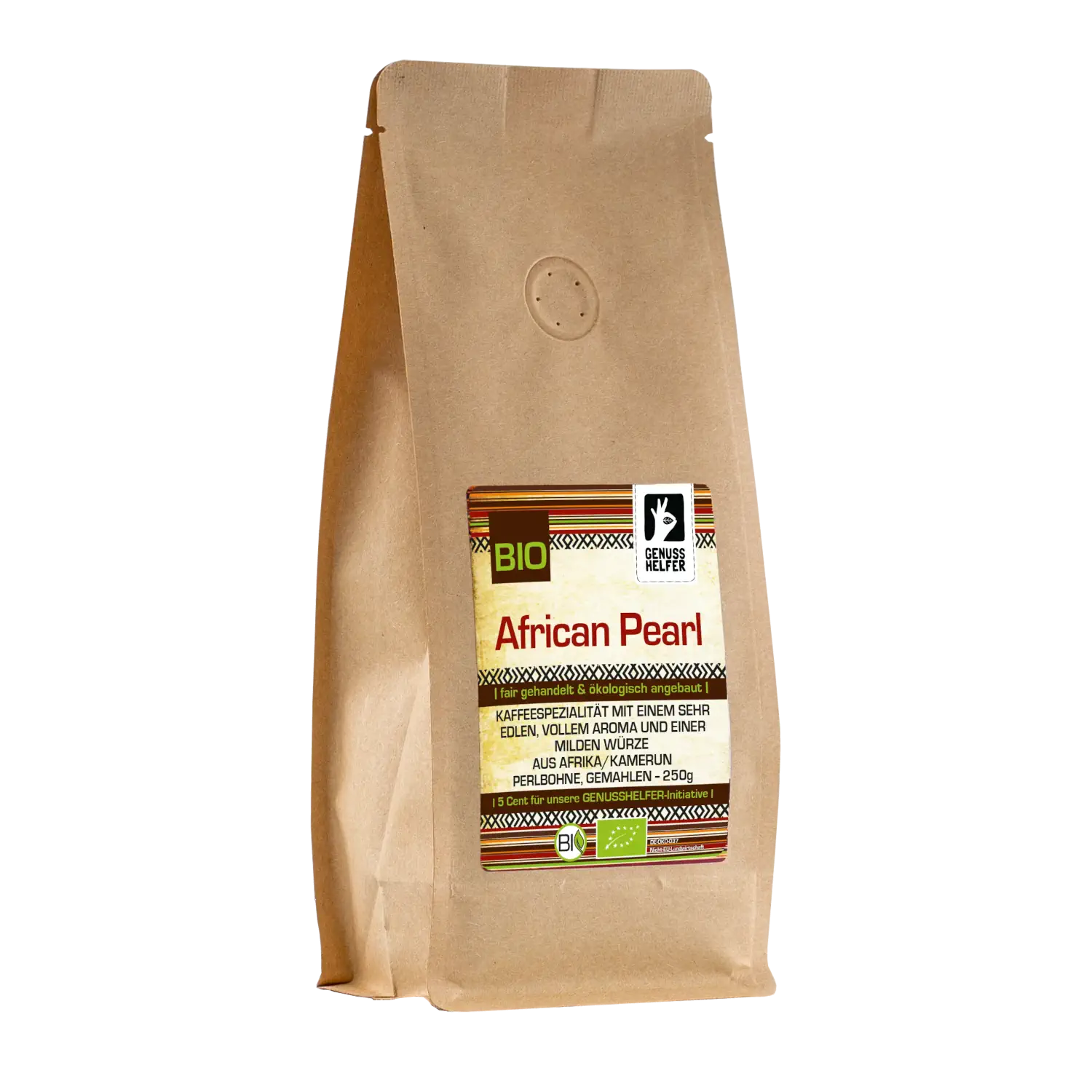 Detailansicht eines 250-g-Beutels mit African Pearl Bio Kaffee, gemahlen