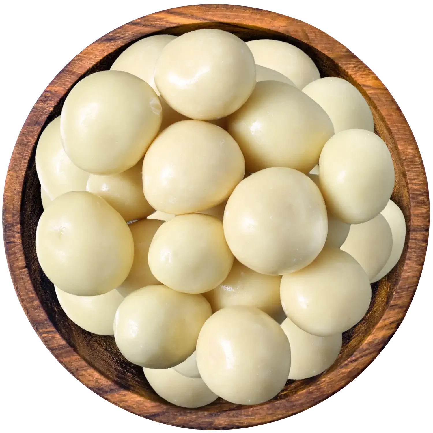 Erdbeer Joghurt Schokis Erdbeeren mit Joghurt-Schokolade in einer Holzschale