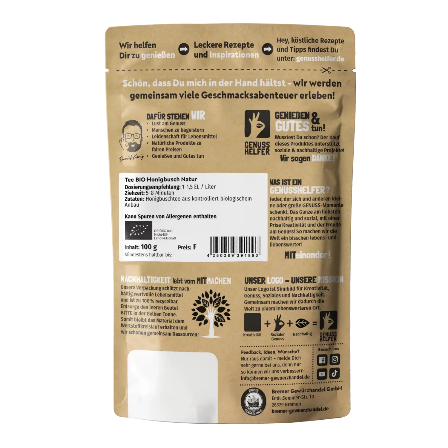 Honigbusch Tee BIO Vorderansicht der Pappschachtel mit Honigbusch-Rooibostee (Bio, Teebeutel)